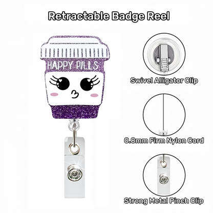 Acrylic Purple Glitter Bottle with Pouting Emoji Badge Reel