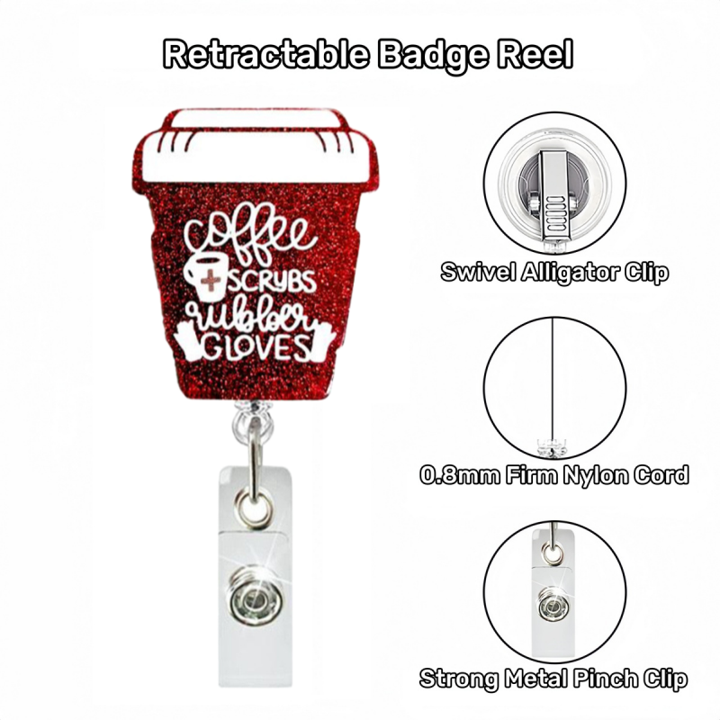 Acrylic Red Glitter Coffee Cup Badge Reel
