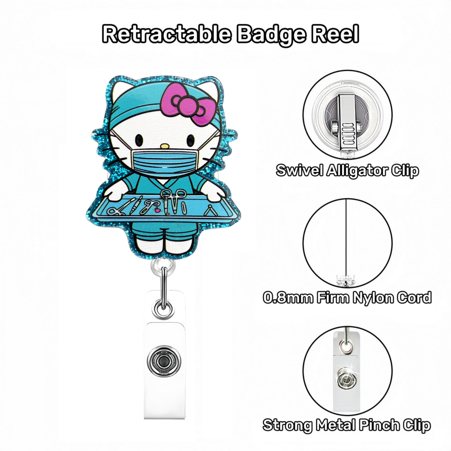 Acrylic Blue Surgical Cat Nurse Badge Reel