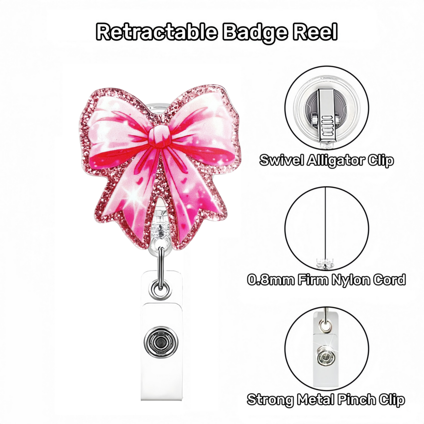 Acrylic Pink Background with Sparkles Bow Badge Reel