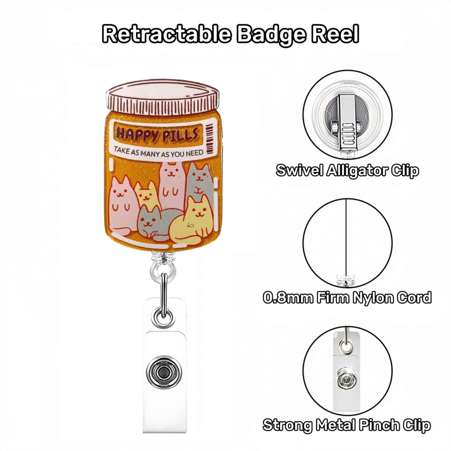 Acrylic Happy Pills with Six Cats Badge Reel