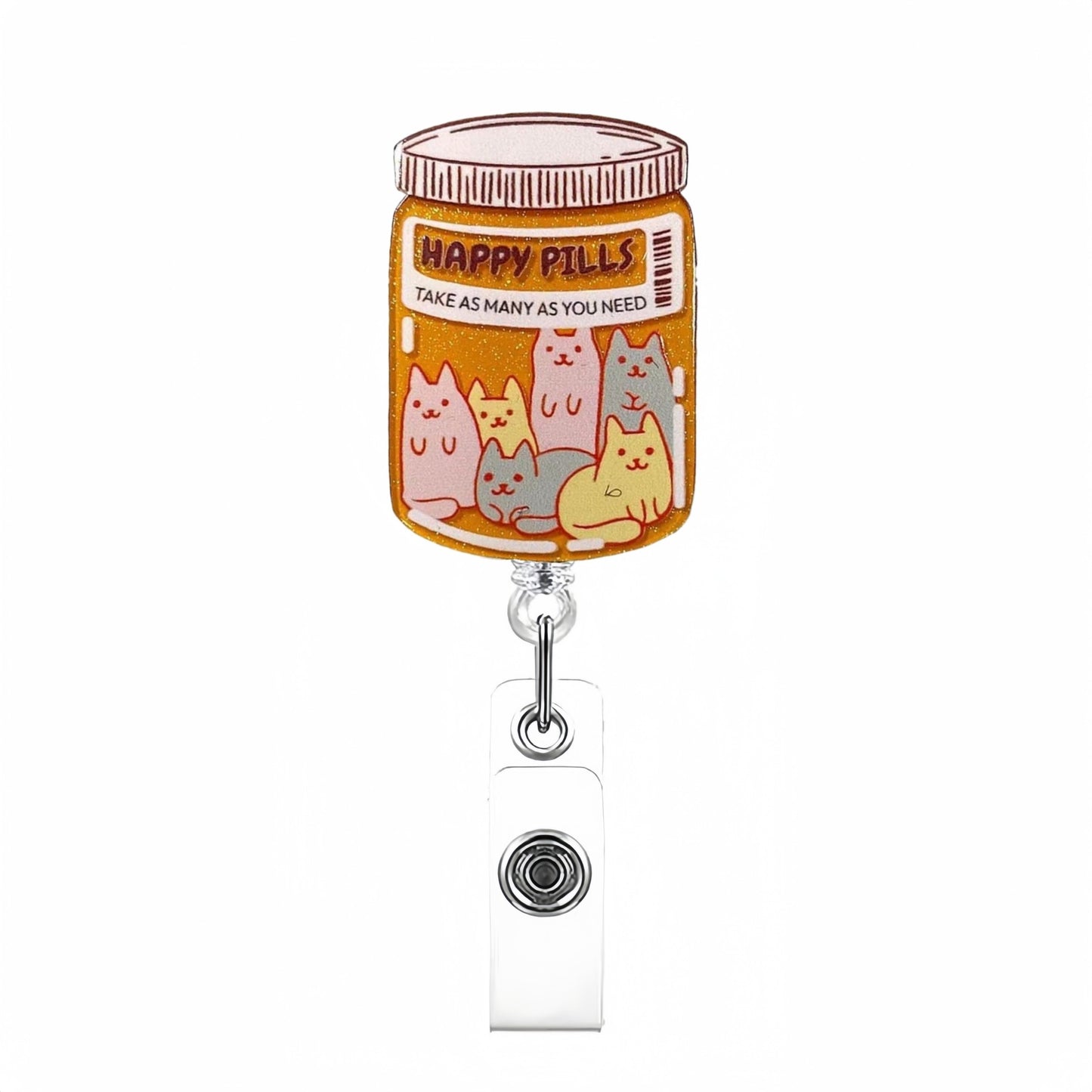 Acrylic Happy Pills with Six Cats Badge Reel