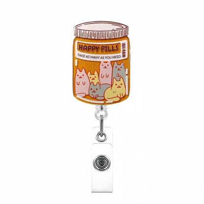 Acrylic Happy Pills with Six Cats Badge Reel