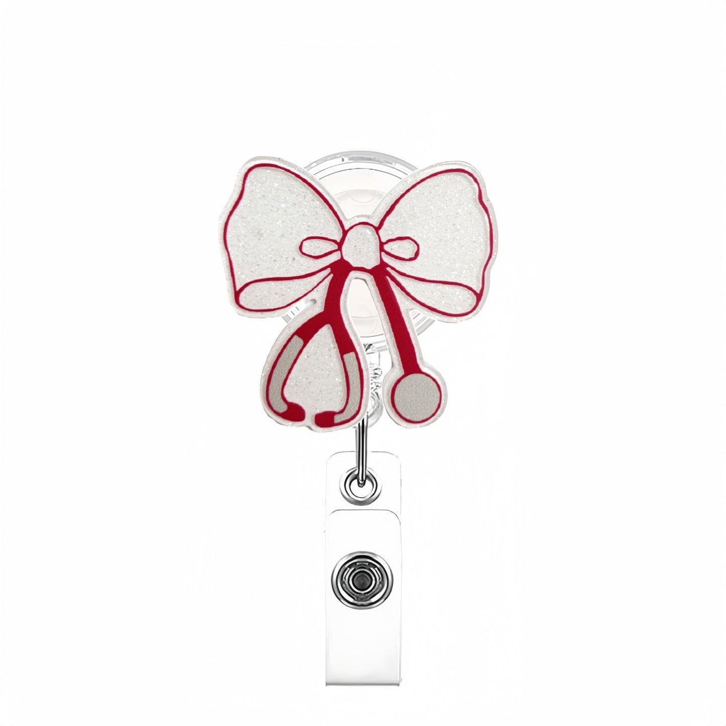 Acrylic White Stethoscope Bow with Red Trim Bow Badge Reel