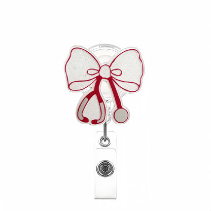 Acrylic White Stethoscope Bow with Red Trim Bow Badge Reel
