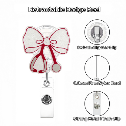 Acrylic White Stethoscope Bow with Red Trim Bow Badge Reel