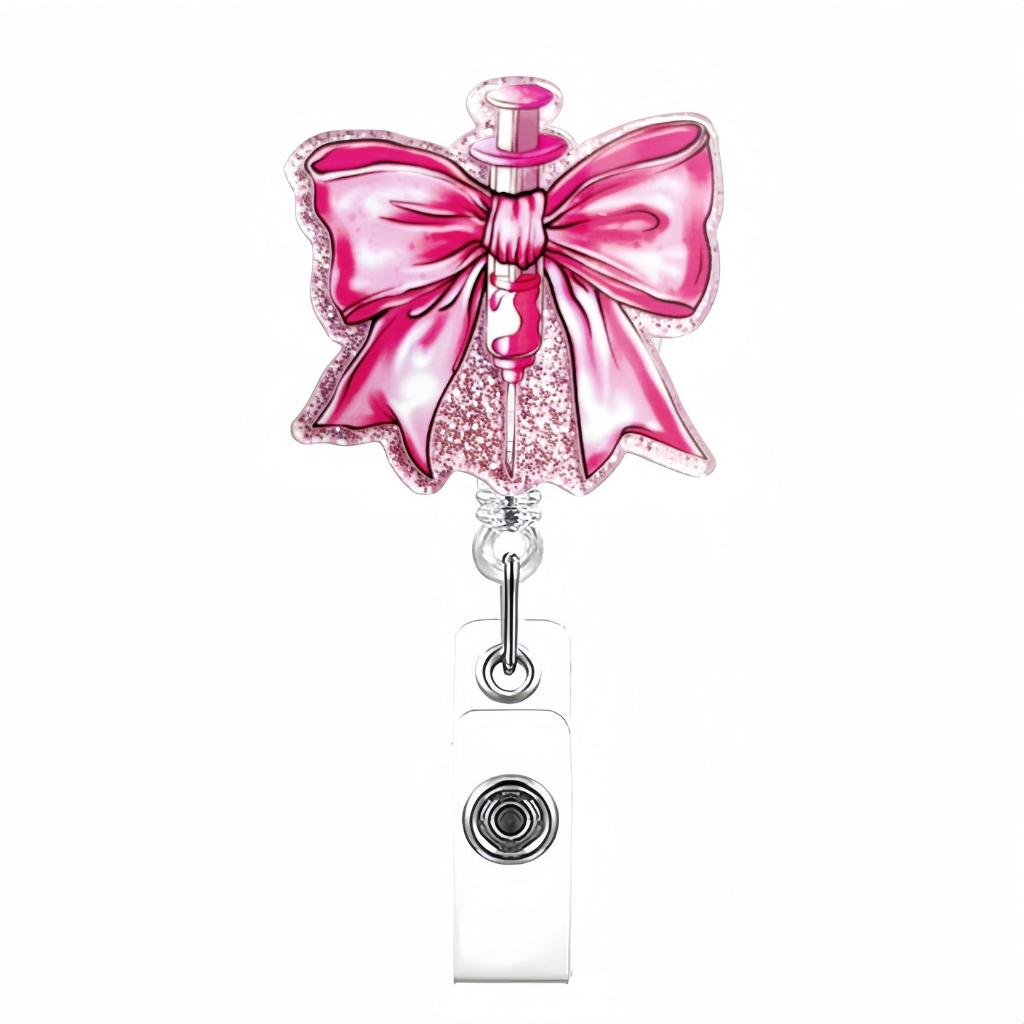 Acrylic Pink Syringe Bow Badge Reel
