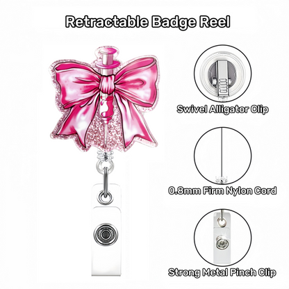 Acrylic Pink Syringe Bow Badge Reel