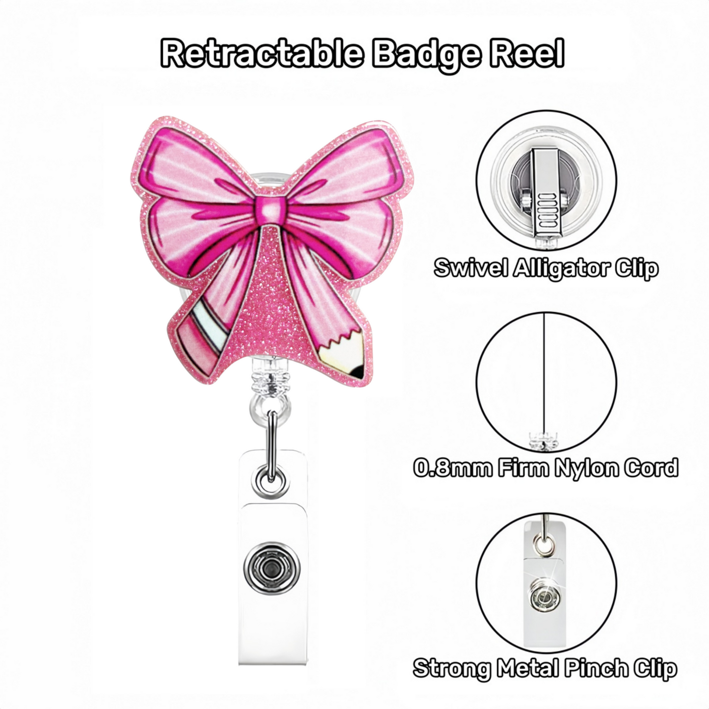 Acrylic Pink Pencil Bow Badge Reel