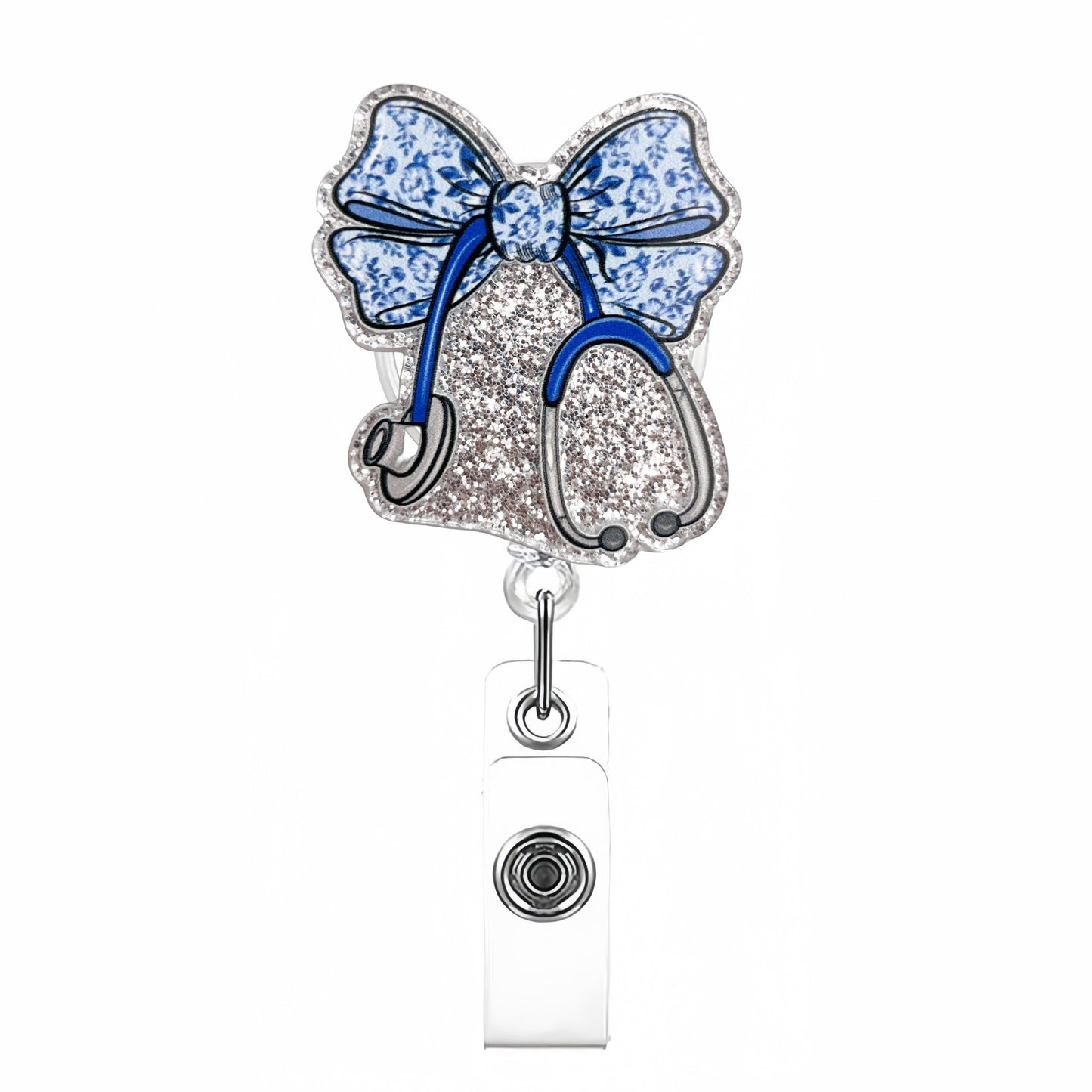 Acrylic Blue White Porcelain Stethoscope Bow Badge Reel