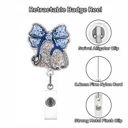 Acrylic Blue White Porcelain Stethoscope Bow Badge Reel