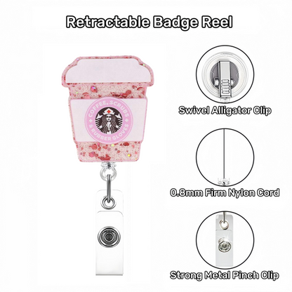 Acrylic Pink Glitter Coffee Cup Badge Reel