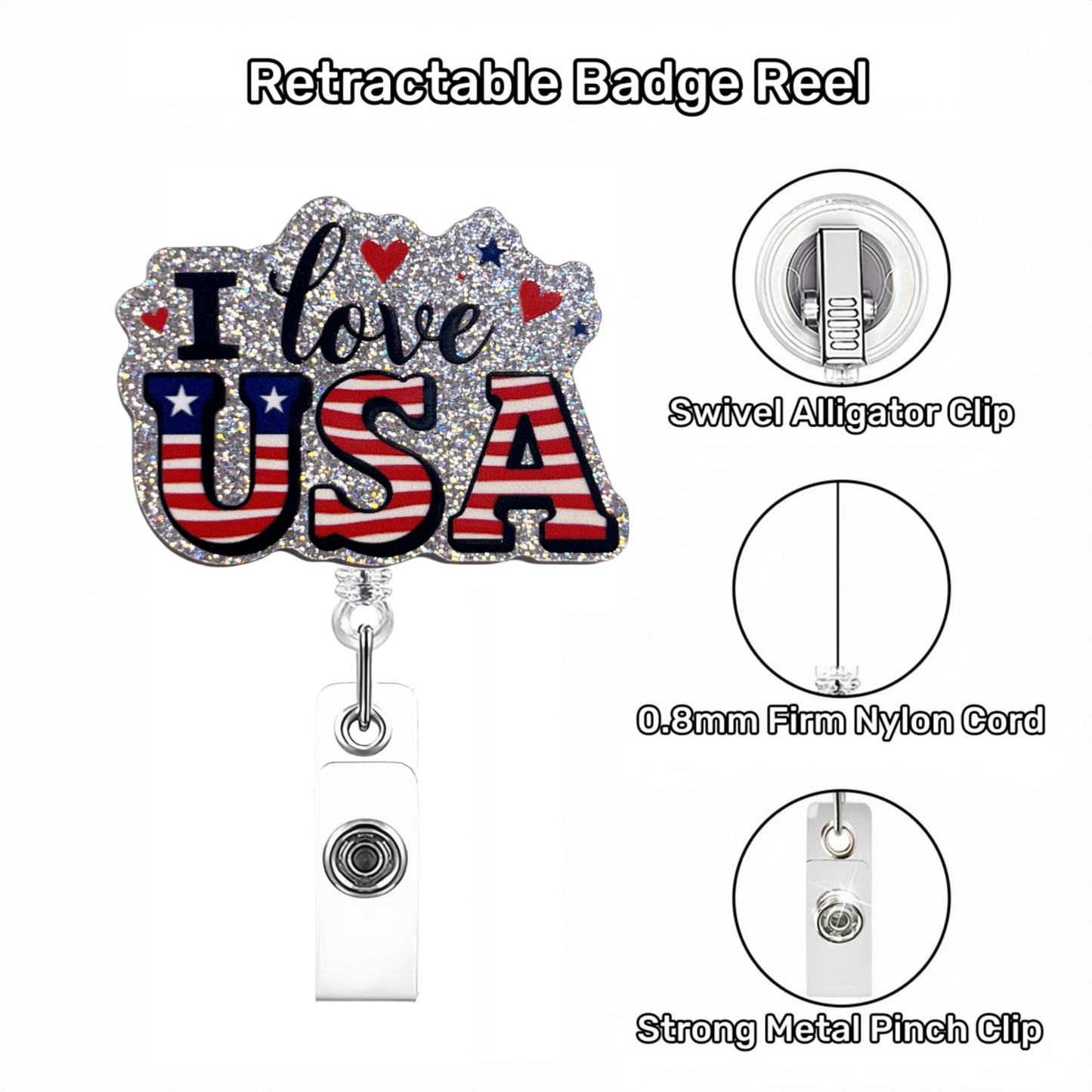 Acrylic I Love USA Badge Reel