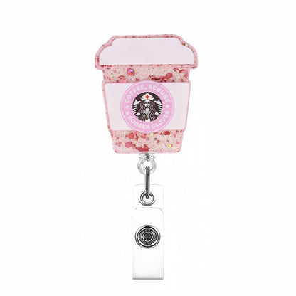 Acrylic Pink Glitter Coffee Cup Badge Reel
