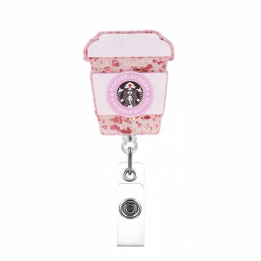 Acrylic Pink Glitter Coffee Cup Badge Reel
