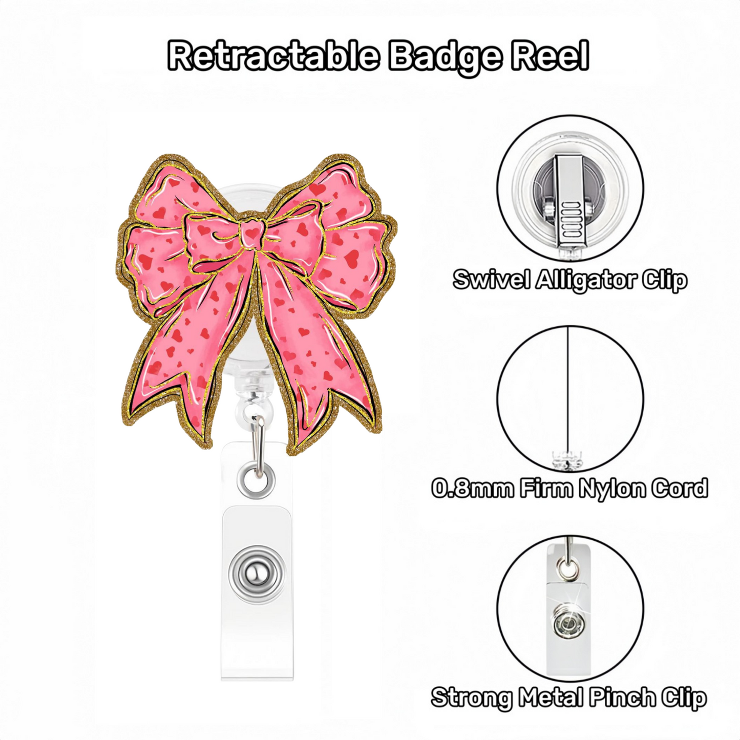 Acrylic Gold Glitter Heart Bow Badge Reel