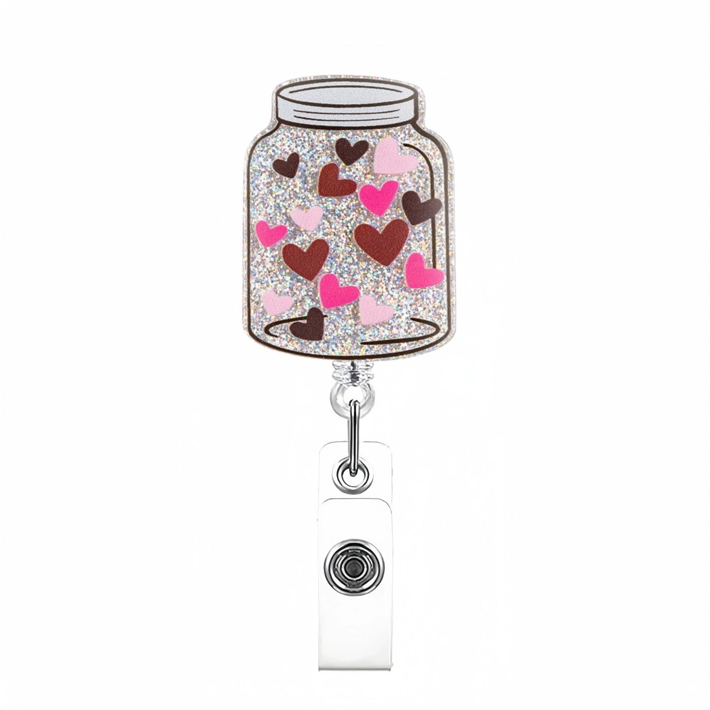 Acrylic Silver Bottle with Hearts Badge Reel