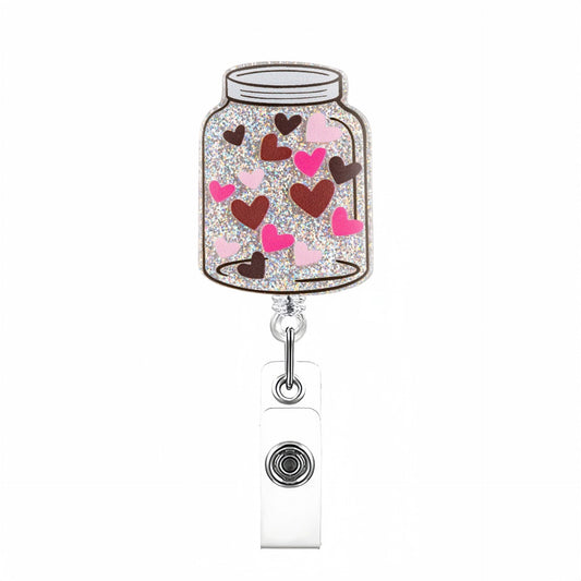 Acrylic Silver Bottle with Hearts Badge Reel