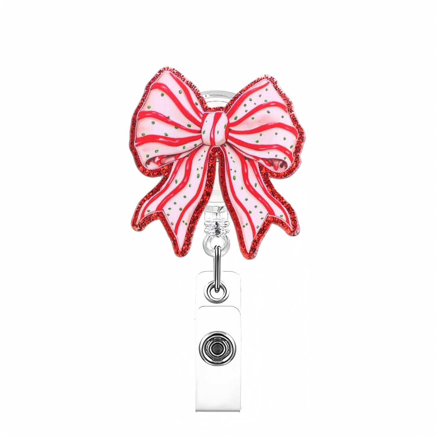 Acrylic Stripes Bow and Red Glitter Trim Badge Reel