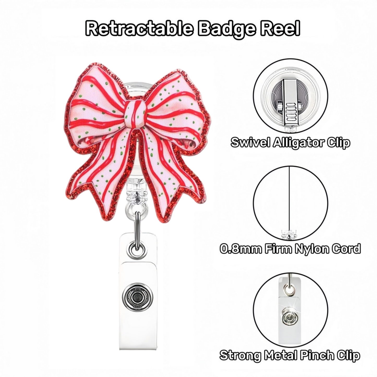 Acrylic Stripes Bow and Red Glitter Trim Badge Reel