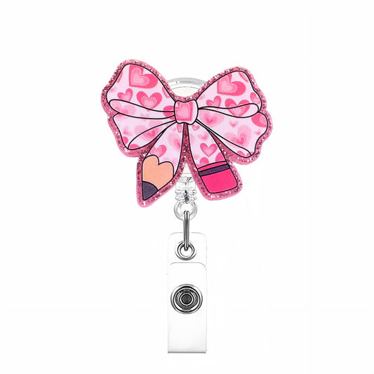 Acrylic Pink Heart with Pencil Bow Badge Reel