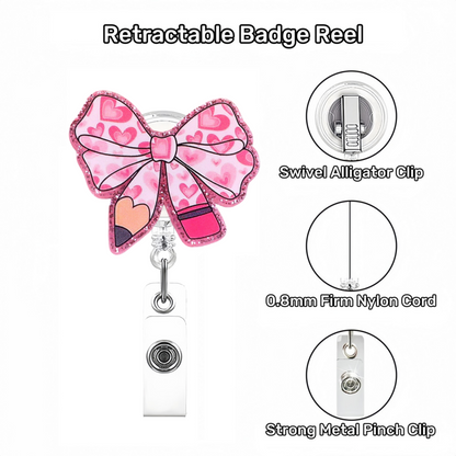 Acrylic Pink Heart with Pencil Bow Badge Reel