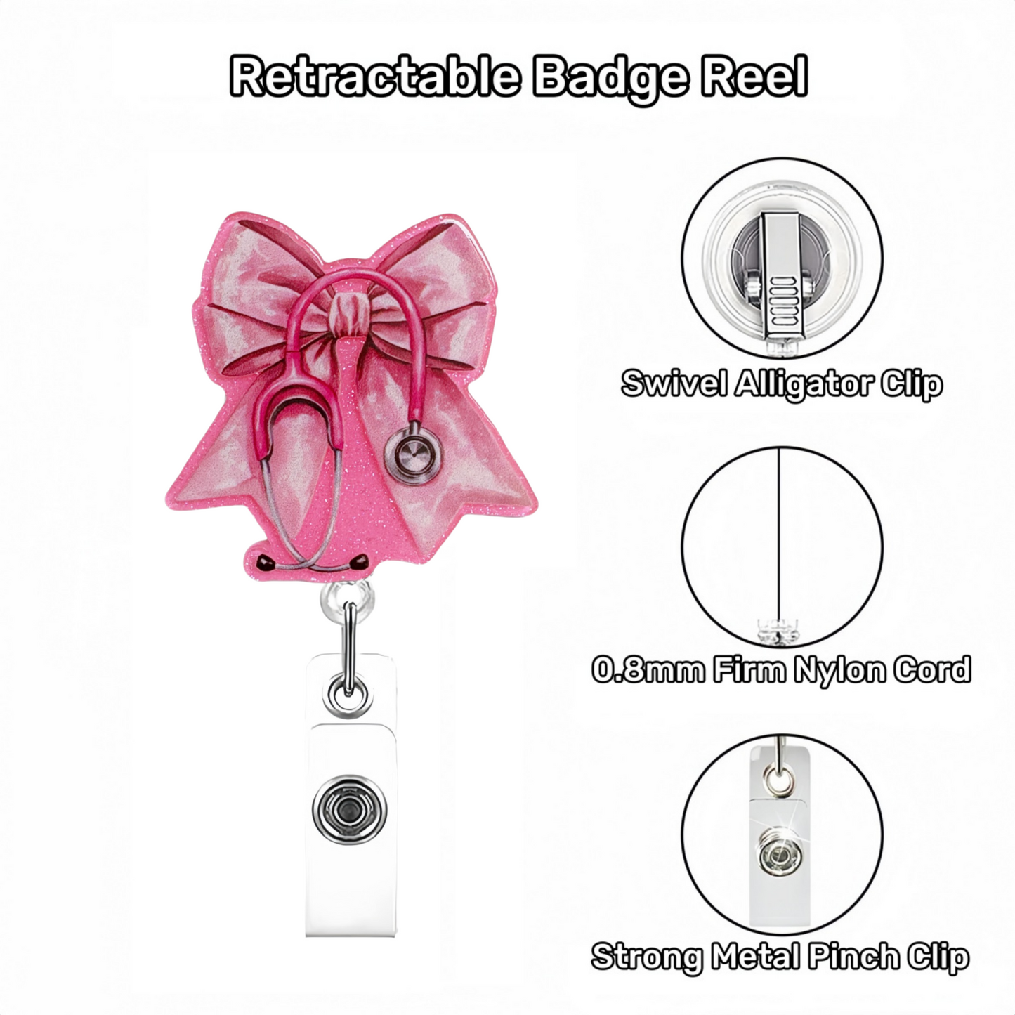 Acrylic Pink Glitter Stethoscope Bow Badge Reel