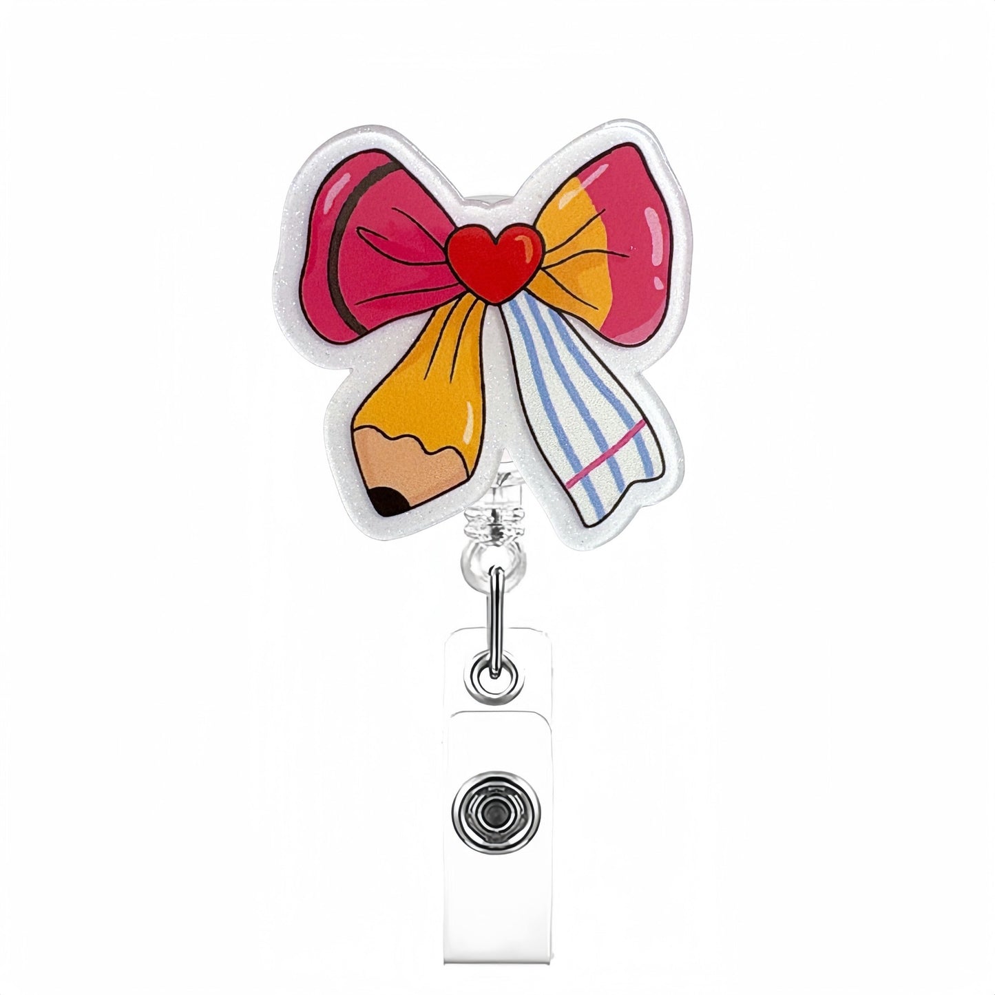 Acrylic White Background Multicolored Bow Badge Reel