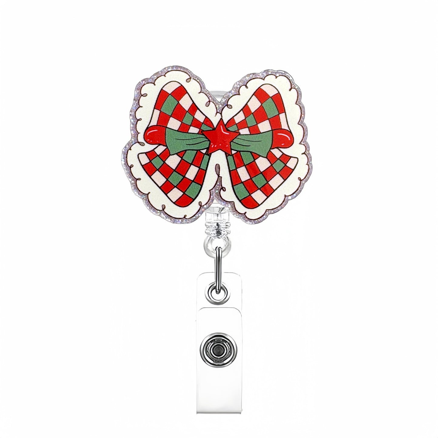 Acrylic Red and Green Checkered Bow Badge Reel