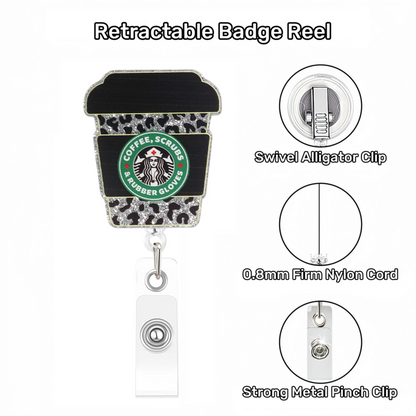 Acrylic Silver Leopard Print Coffee Cup Badge Reel