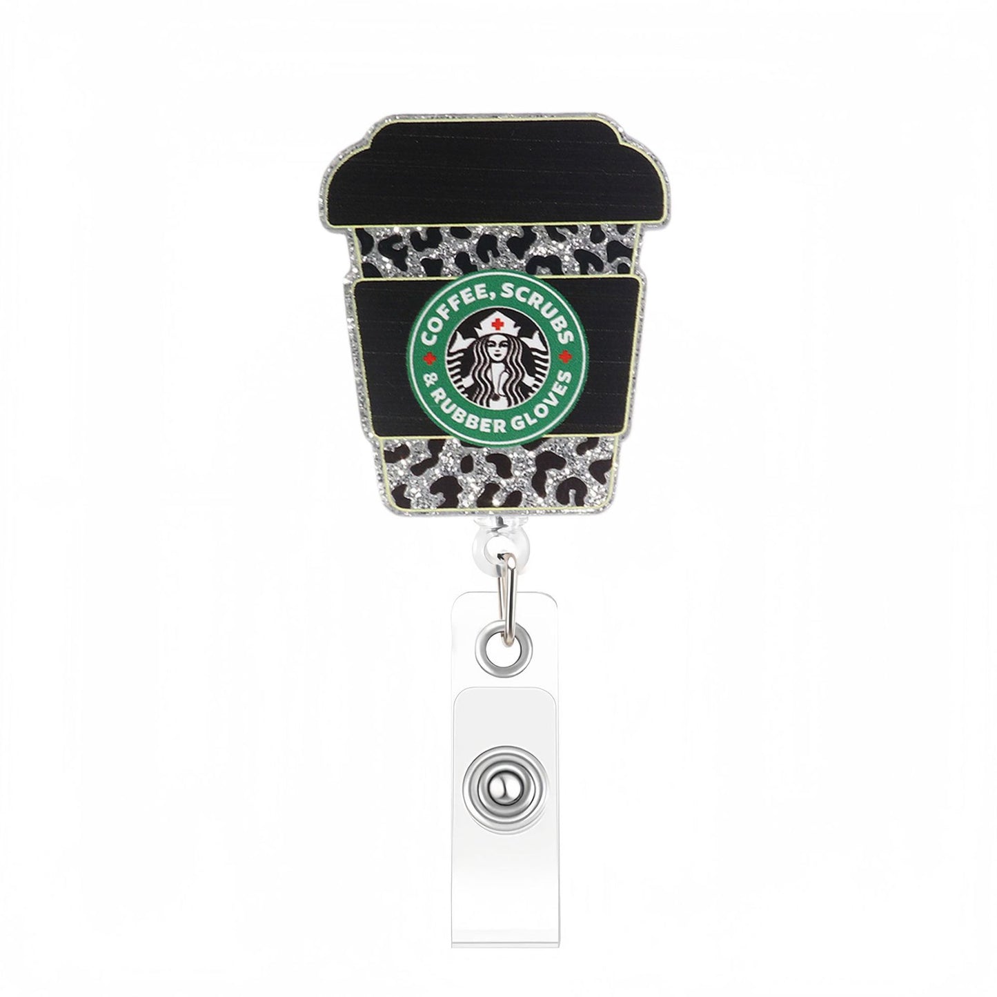 Acrylic Silver Leopard Print Coffee Cup Badge Reel