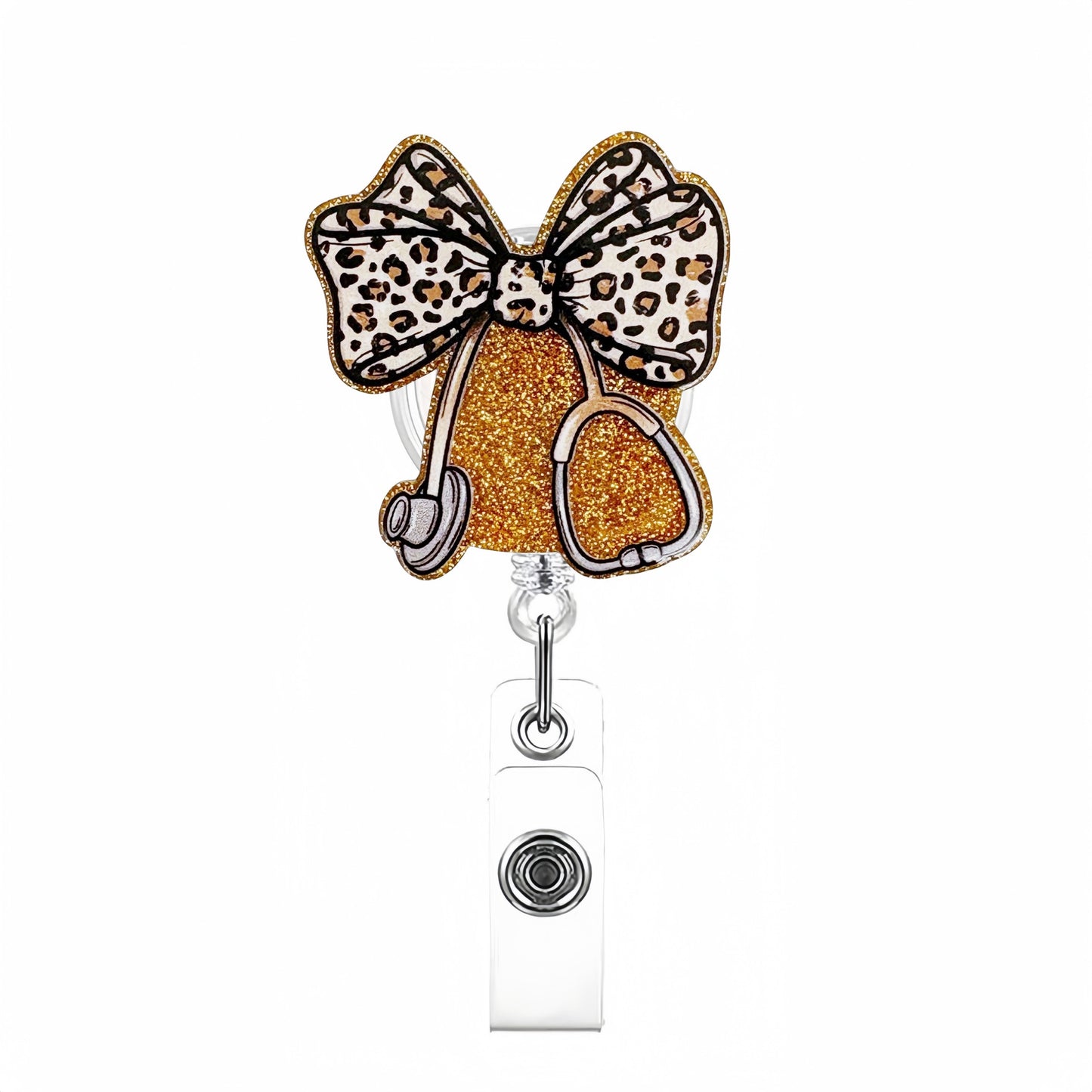 Acrylic Gold Glitter Leopard-Print Bow Badge Reel