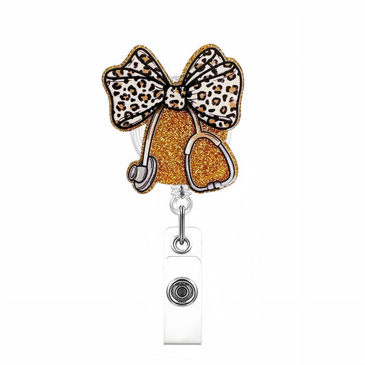 Acrylic Gold Glitter Leopard-Print Bow Badge Reel