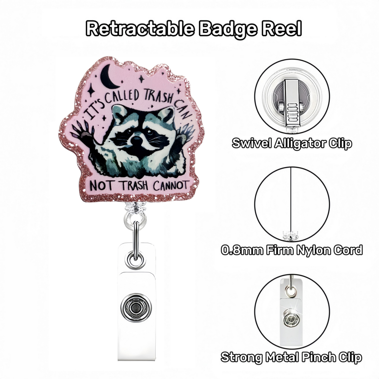 Acrylic Raccoon with Pink Background Badge Reel