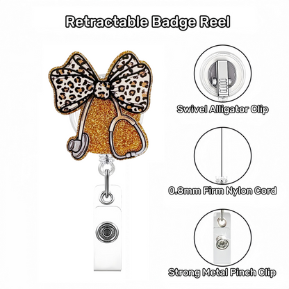 Acrylic Gold Glitter Leopard-Print Bow Badge Reel
