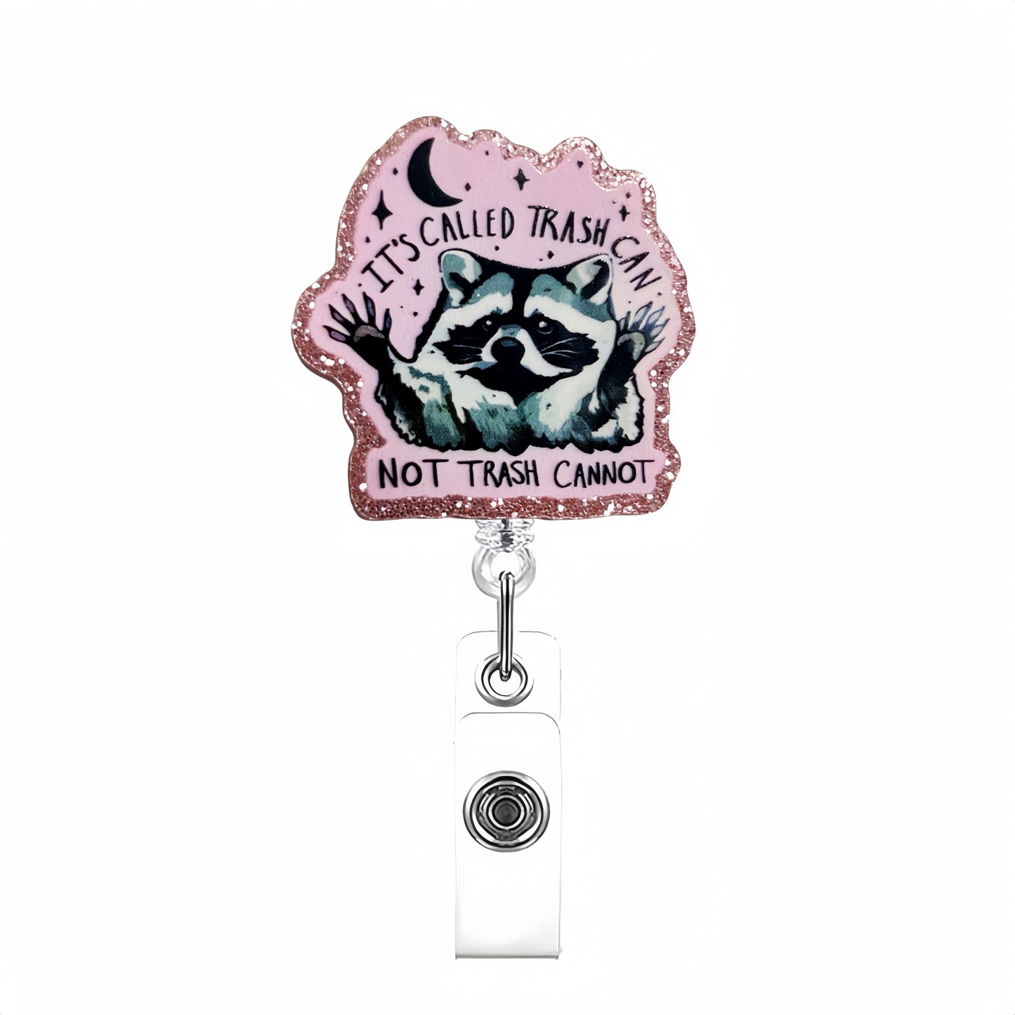 Acrylic Raccoon with Pink Background Badge Reel