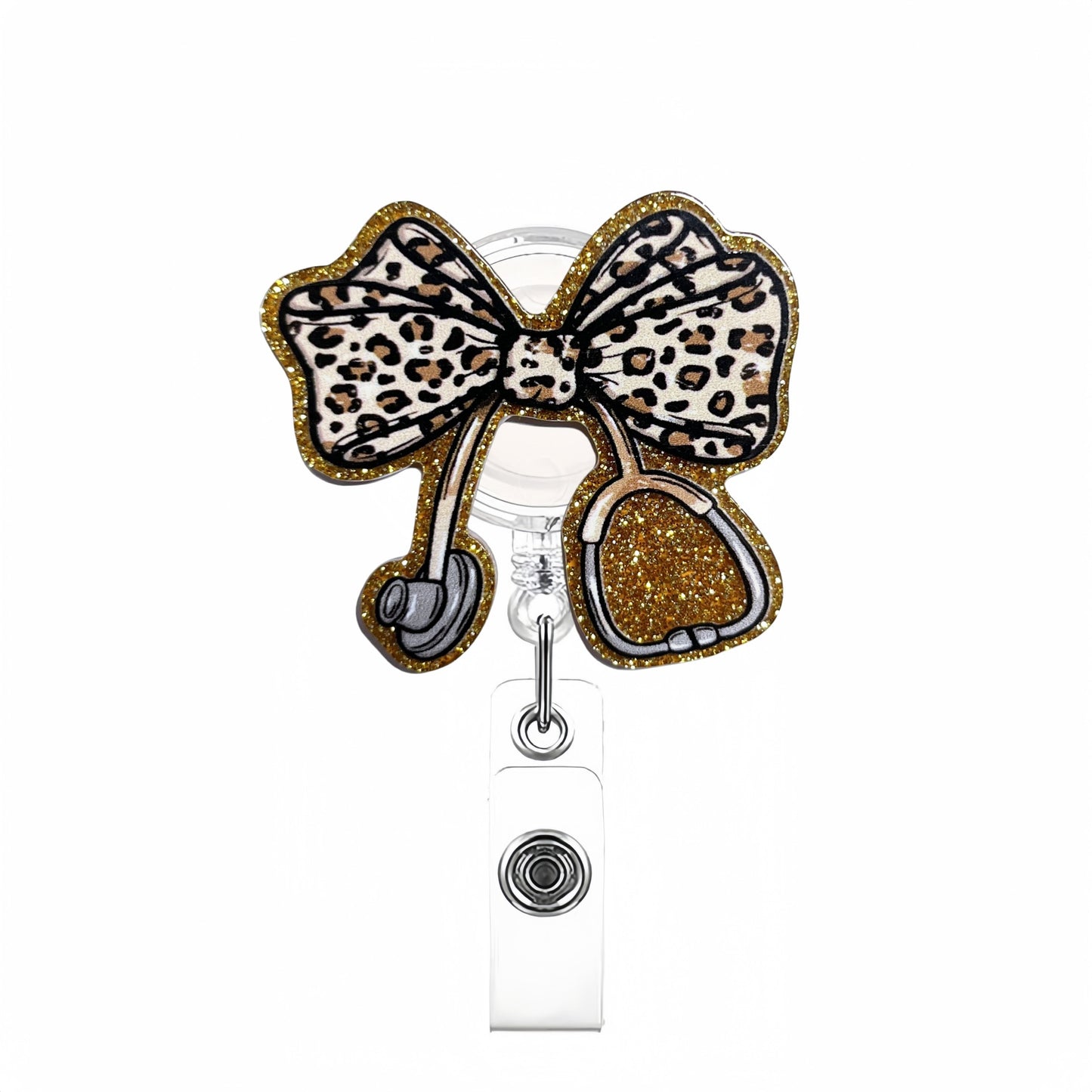 Acrylic Gold Leopard-Print Stethoscope Bow Badge Reel