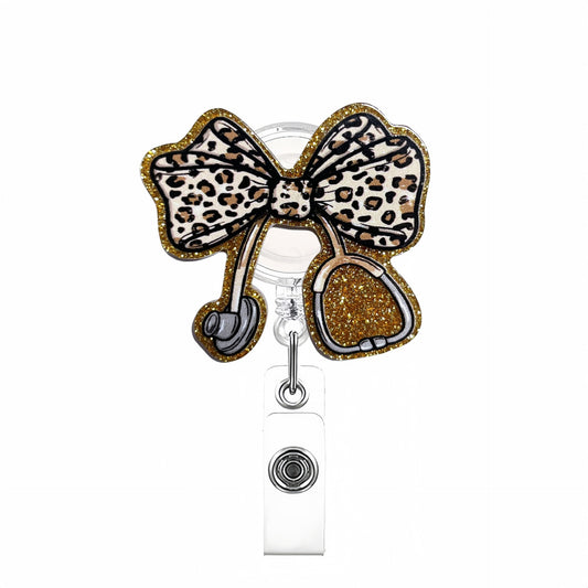 Acrylic Gold Leopard-Print Stethoscope Bow Badge Reel