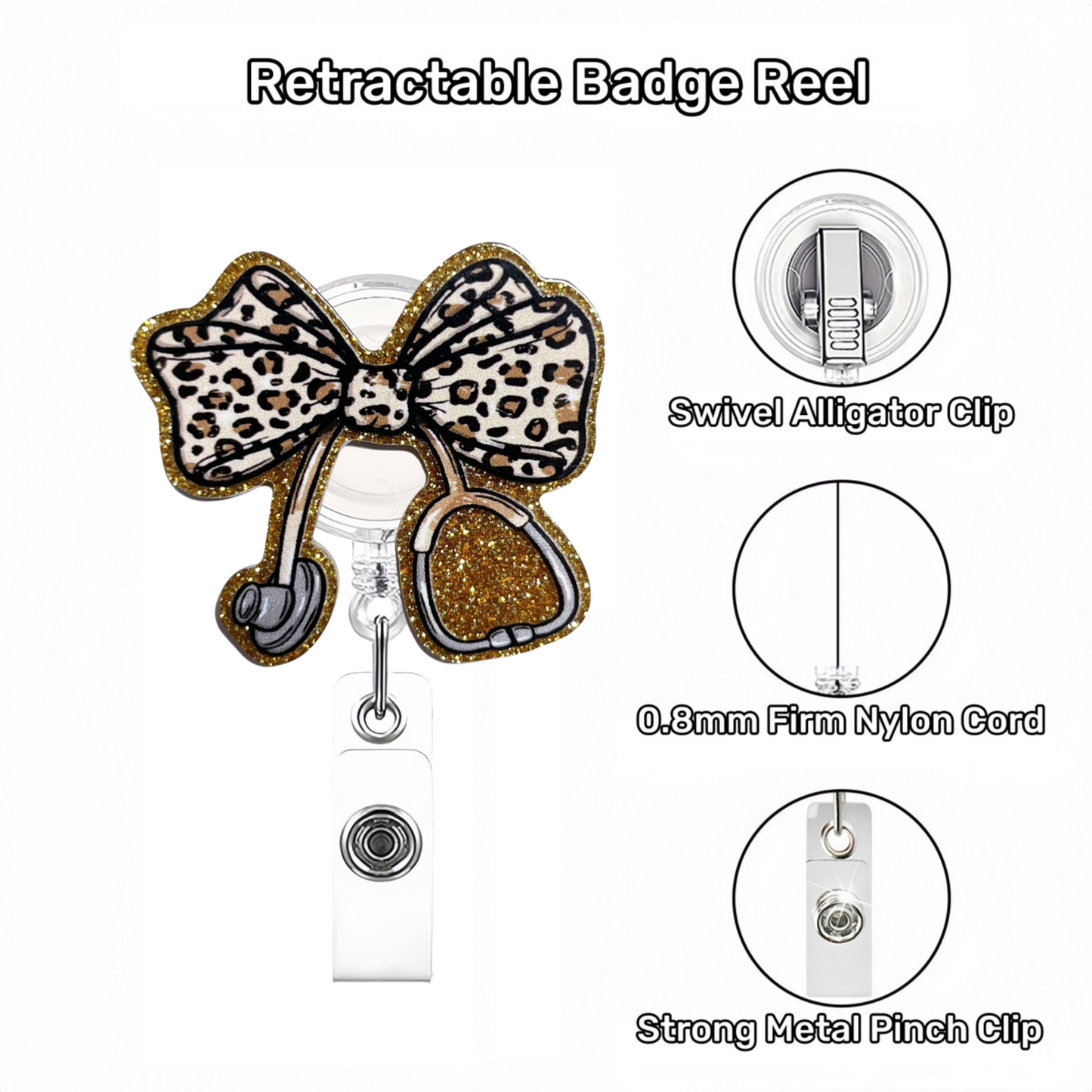Acrylic Gold Leopard-Print Stethoscope Bow Badge Reel