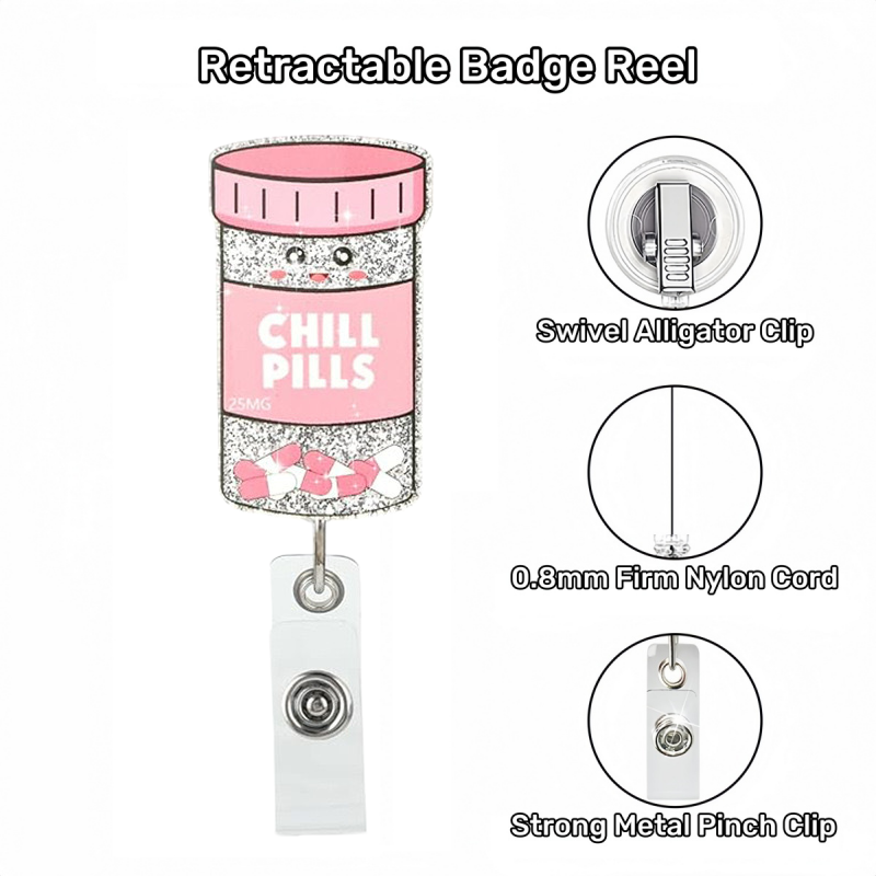 Acrylic Pink Chill Pills Badge Reel