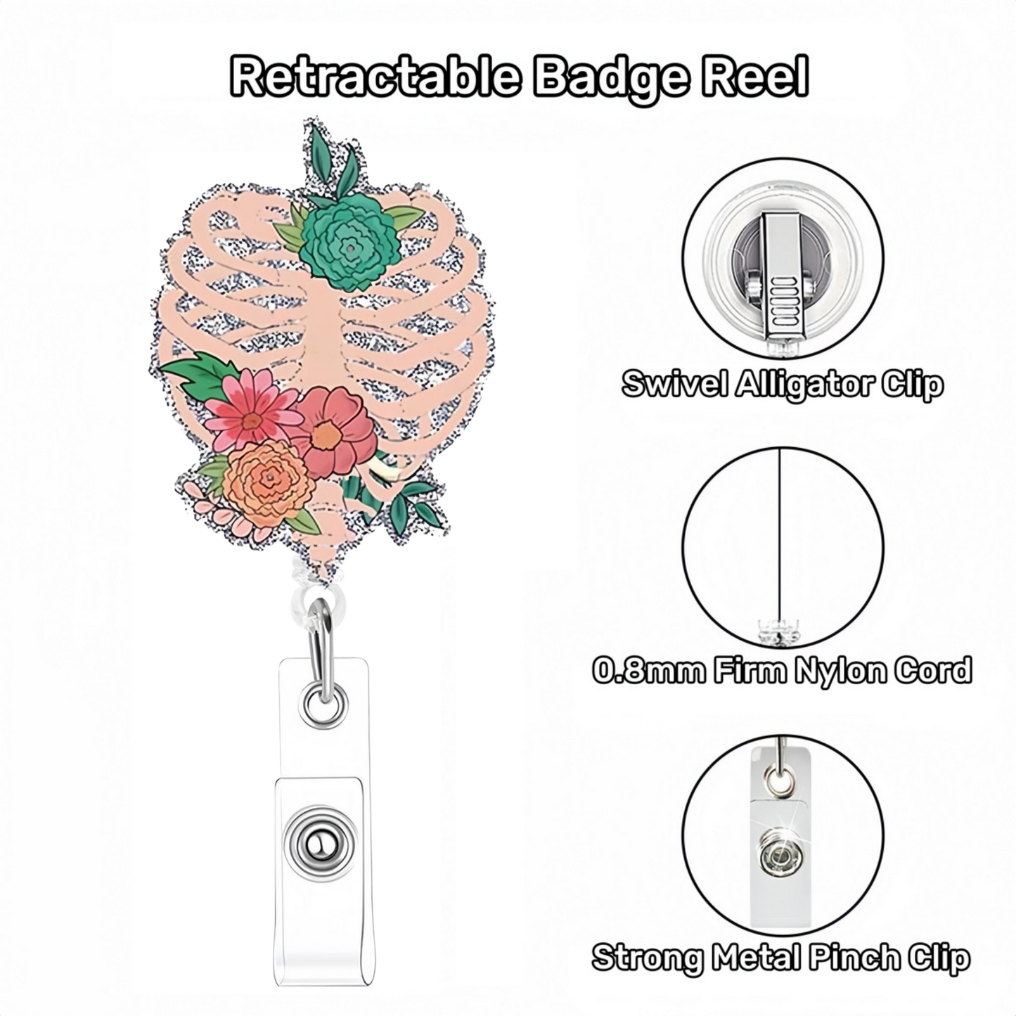 Acrylic Skeleton With Flowers Sternum Badge Reel