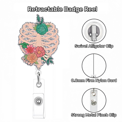 Acrylic Skeleton With Flowers Sternum Badge Reel