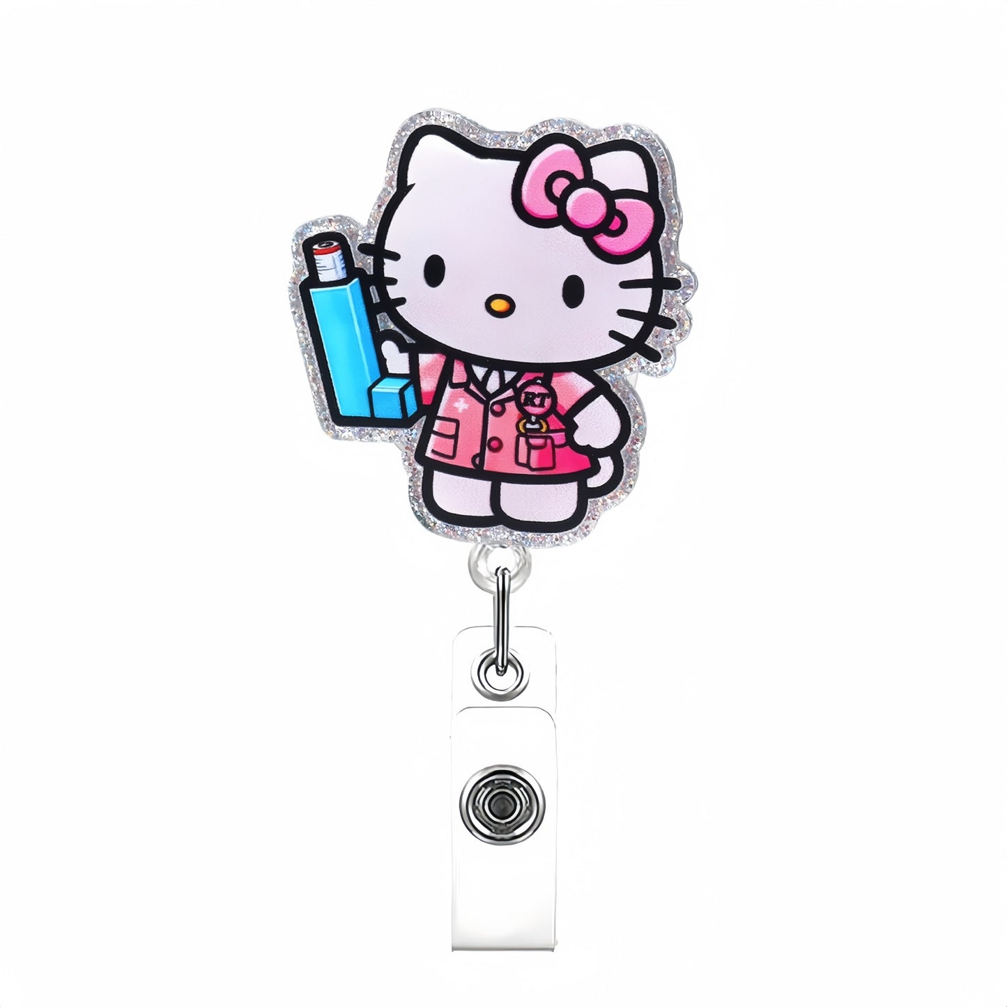 Acrylic Pink Nurse Cat with Syringe Badge Reel