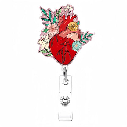 Acrylic Red Heart With Flowers Badge Reel