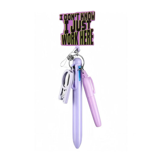 Just Work Here Badge Reel with Purple Pen Set
