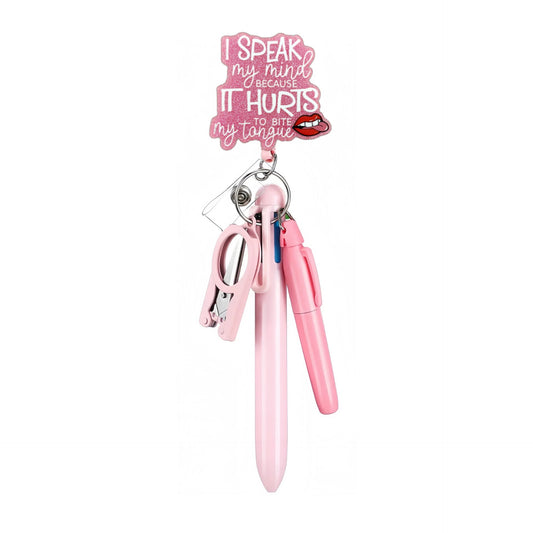 Speak Hurts Badge Reel with Pink Pen Set