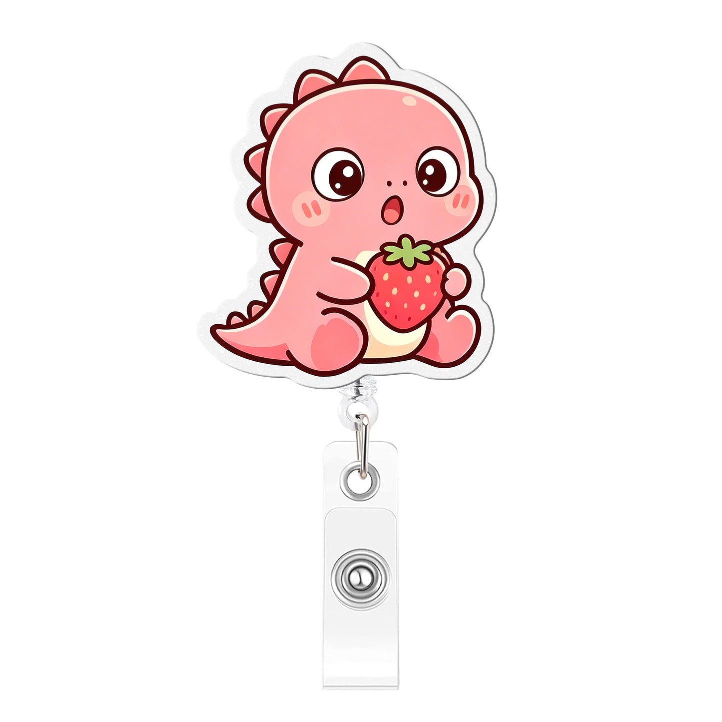 Pink Strawberry Dinosaur Acrylic Badge Reel