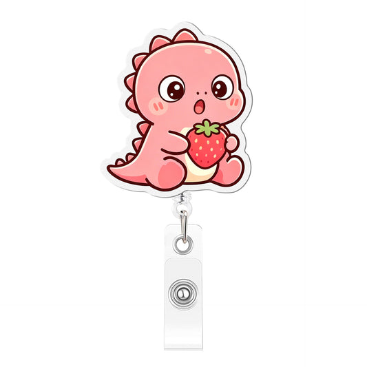 Pink Strawberry Dinosaur Acrylic Badge Reel