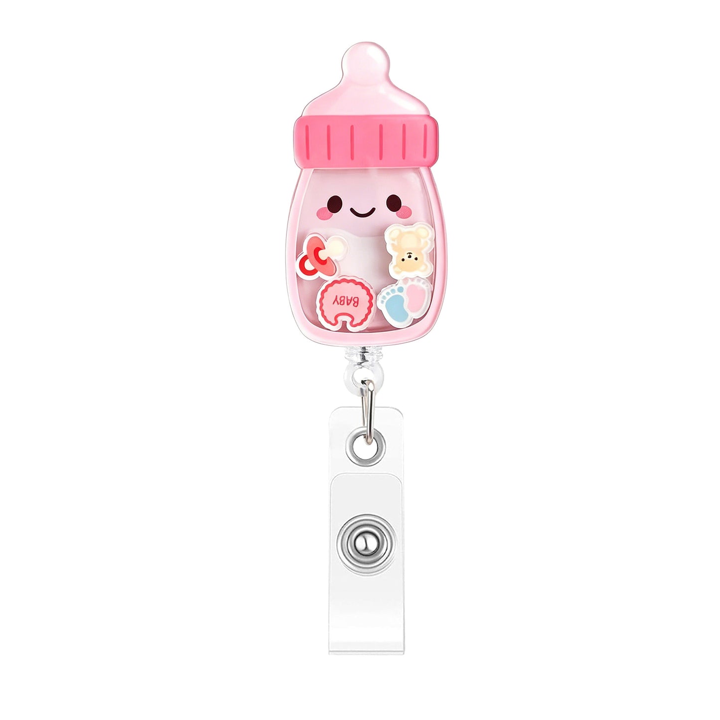 Pink Smiling Face Bottle Rocking Fun Acrylic Badge Reel