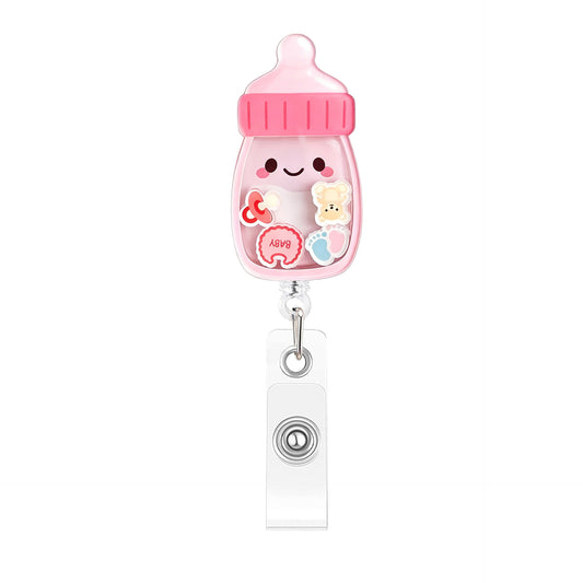 Pink Smiling Face Bottle Rocking Fun Acrylic Badge Reel